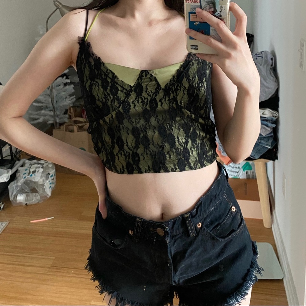 Lace green black tank crop top